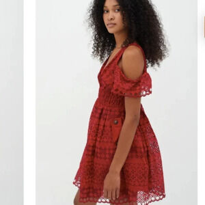 Self Portrait Openwork Lace Eyelet V Neck Dress Red Sz S